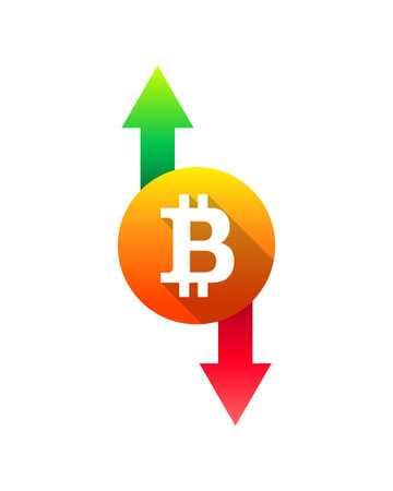 Bitcoin icon, up and down pointing arrow as price movement, rise, fall and market concept. Coin and crypto currency rising or falling as chart, graph and diagram symbol with green and red arrows.のイラスト素材