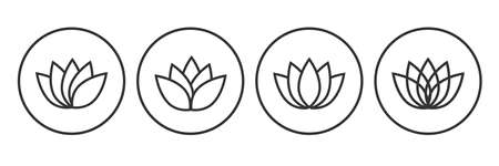Lotus flower, outline and circle icon set. Line and linear art, vector illustration isolated on white background.のイラスト素材