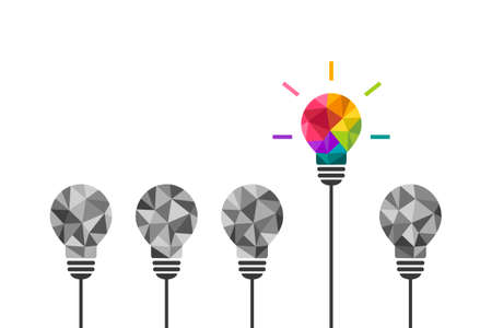 Colorful light bulb being different and standing out from the rest. Stand out and think differently concept. Creative and unique thinking, idea symbol.のイラスト素材
