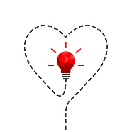Red light bulb concept in low poly design. Wire as dotted line forming heart shape.のイラスト素材