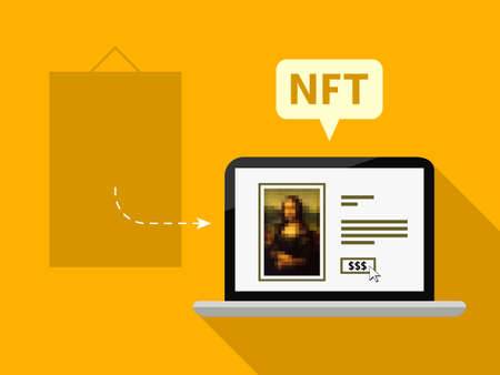 Art becoming digital and NFT technology concept. Crypto art displayed on a laptop screen instead of a wall.のイラスト素材