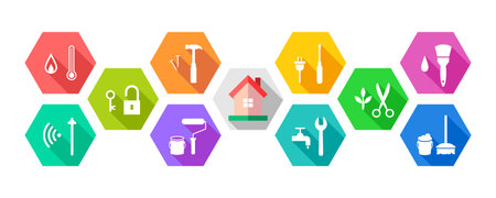 House and work tools icon set as repair, renovation, maintenance concept. Home with colorful tool icons. Facility and facilities management. Vector illustration, banner.のイラスト素材