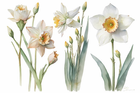 Watercolor daffodil flowers. Narcissus flower, daffodils in white and yellow color. Watercolor illustration, drawing isolated on white background. Hand drawn style. Generative AI.の素材