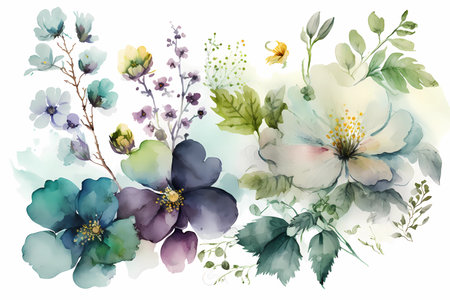 Watercolor rosa flowers. Wild rose in bloom. Watercolor illustration and drawing isolated on white background. Hand drawn vintage design style. Generative AI.の素材