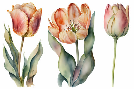 Watercolor tulip flowers. Tulips in bloom, blossom in red color. Watercolor illustration and drawing isolated on white background. Hand drawn vintage design style. Generative AI.の素材