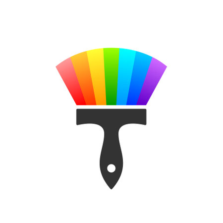 Paintbrush icon or logo. Paint brush with color spectrum, rainbow colors, colorful palette. Vector illustration isolated on white background.のイラスト素材