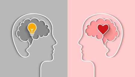 IQ and EQ concept with head silhouette, profile outline, brain, light bulb and heart shape as conceptual symbol. Emotional and intelligence quotient or right and left brain and cerebral hemispheres.のイラスト素材