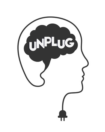 Brain unplug and disconnect concept with head, brain, letters, cable and plug. Unplugging of mind, unplugged and disconnected mental state. Digital break from technology metaphor.のイラスト素材