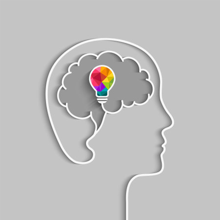 Head silhouette of a person, brain outline and light bulb with colors as creative idea concept. Colorful lightbulb as creative thinking, human mind and creativity symbol. Vector illustration.のイラスト素材