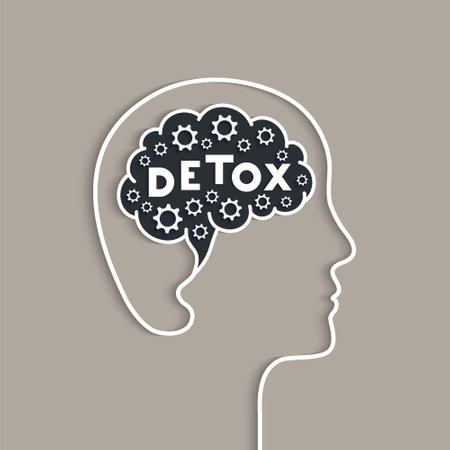 Detox concept with head, mind, gears and letters. Brain detox, mental detoxification. Profile outline, face silhouette of a person. Vector illustration in paper cut art with shadow.のイラスト素材
