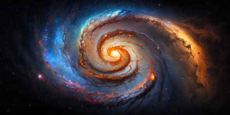 Universe, space, galaxies concept. Galaxy whirling around, colorful nebula and whirl, spiral solar system, stars and planets orbit a dark black void. Beautiful blue and orange lights. Generative AI.の素材