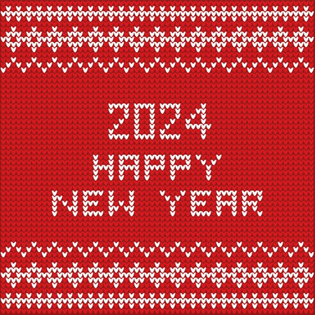 2024 and happy new year concept as knitwear textile design in red and white color. Sweater, pullover and wool fabric with pattern, number 2024 and letters knitted into it.のイラスト素材