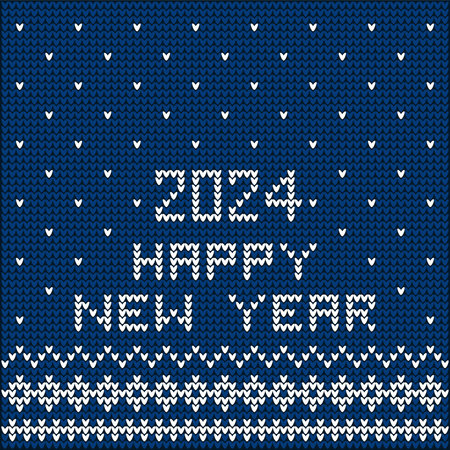 Sweater, pullover or jumper with knitted 2024 and happy new year textile design in blue and white color. Fabric with snow pattern, snowfall print as winter fashion concept.のイラスト素材