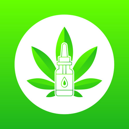 CBD oil. Cannabis leaf, cannabidiol oil bottle and pipette with a drop symbol. Vector illustration in green color.のイラスト素材