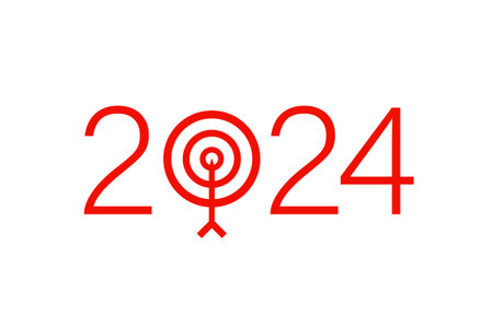 2024 with arrow and target as goal, resolution, aspiration and success concept. Dart and aim in center of dartboard, shot hitting middle circle, bullseye. Vector illustration on white background.のイラスト素材