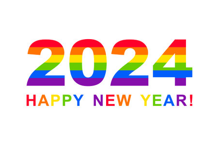 2024 Happy new year! Year and number 2024 and greeting text made of rainbow colors.のイラスト素材