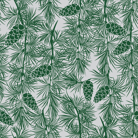 Green Pine Tree Wall Drawing Seamless Pattern on Grey. Detailed Design for Giftwrap, Backdrop, Wallpaperのイラスト素材