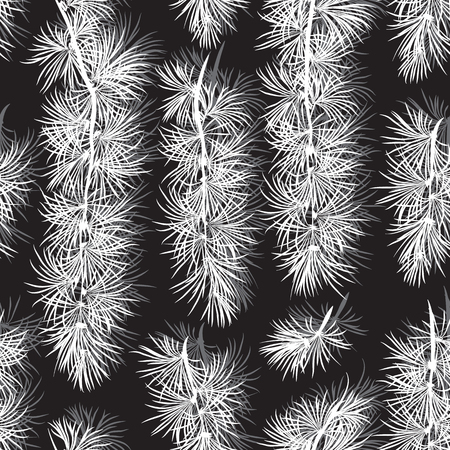 Monochrome Pine Branches Drawing Seamless Pattern on Blackのイラスト素材