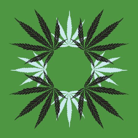 Hemp Leaf Mandala Wreath on Green Background. Vector Line Cannabis Leaves Drawing and Silhouettesのイラスト素材
