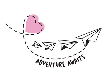Adventure Awaits. Valentines Paper Plane and Heart Design on White Backgroundのイラスト素材