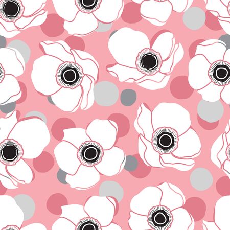 White Anemone Flower Design Pattern on Pink Background and Confetti. Beauty in Natureのイラスト素材
