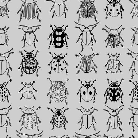 Monotone Beetles Black Linework Doodle Design Seamless Pattern on Grey Backgroundのイラスト素材
