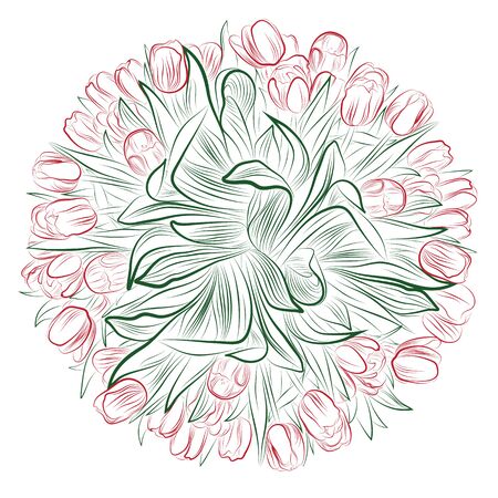 Detailed Red Tulip Bouquet Mandala Line Drawing Vector Design のイラスト素材