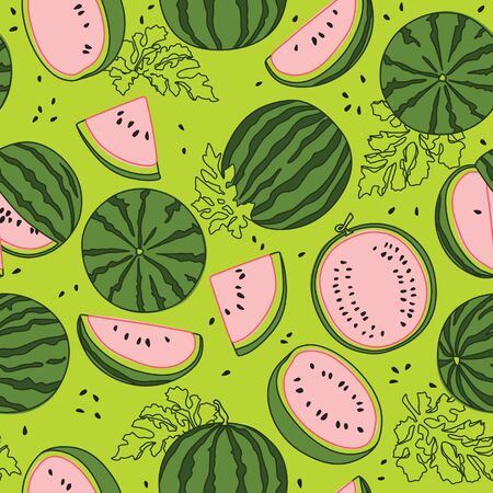 Colorful and Modern Watermelon Fruit Vector Seamless Pattern on Green Backgroundのイラスト素材