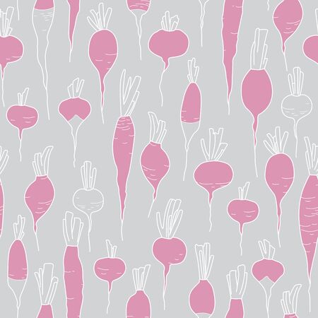 Pink and White Radish Drawing Seamless Pattern on Grey Background. Harvesting Season. Fresh Vegetablesのイラスト素材