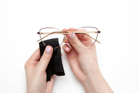 Cleaning glasses. The woman wipes her glasses with a clothの写真素材
