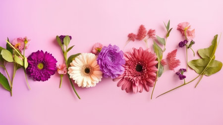 Happy Mother's Day, Floral flat lay greeting card with beautifully wrapped present and copy space. Women's Day, Valentine's Day or Birthday Pastel Candy Colors Background.の素材