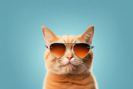 Closeup portrait of funny ginger cat wearing sunglasses isolated on light cyan. funny cat posing in sunglasses.の素材