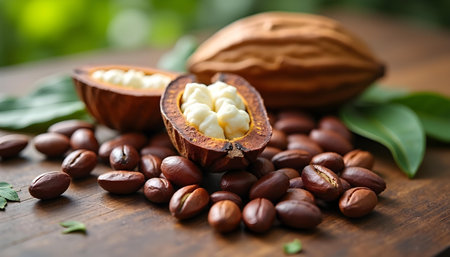 Cocoa pod and beans on wooden table, closeup viewの素材