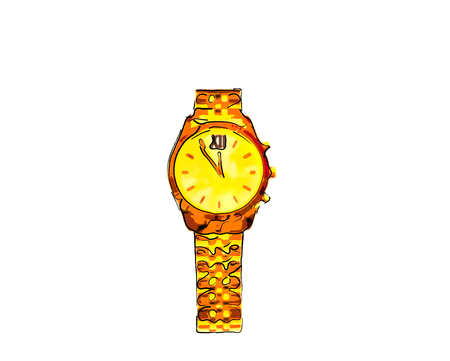 Funny, red - yellow, gold wristwatch with arrows and bracelet. Time is five to twelve.の写真素材