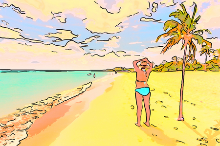 Woman in swimsuit, standing on yellow sand on azure ocean beach with blue sky with clouds, near green coconut treeの写真素材