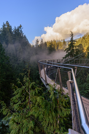 semi-circular, suspension bridge on a rock above a mountain river with tall, green trees and a blue cloudy skyの写真素材