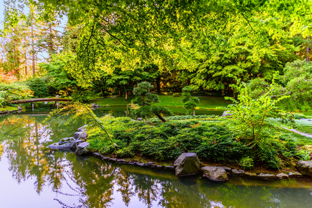 island on the lake in a park with trees and lawn with green grass, a wooden bridge between the banksの写真素材