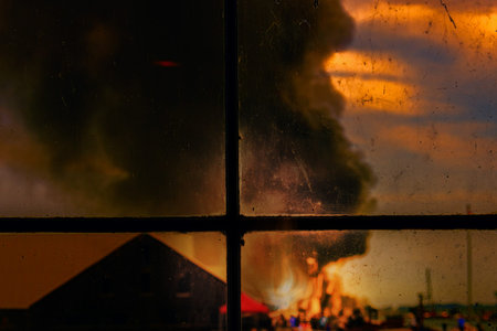 view from a window on a burning house, smoke and flames of fire, people silhouettes, soot on the...