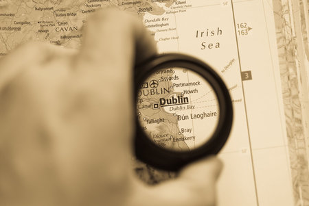 Selective focus on antique map of Dublinの写真素材