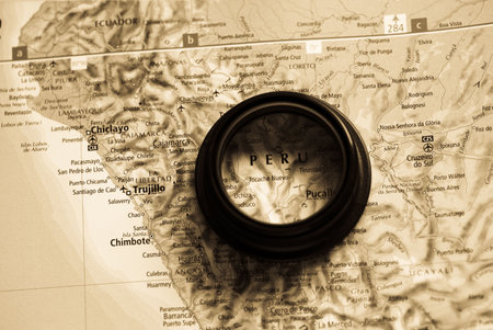 Selective focus on antique map of Peru