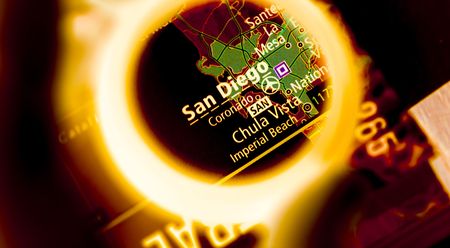 Selective focus on antique map of  San Diegoの写真素材