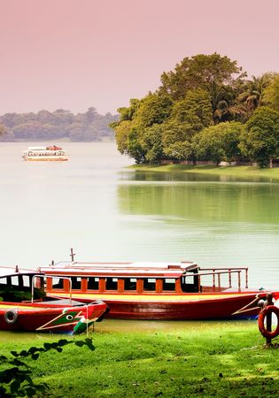 lakeside with boats parking in green backgroundの写真素材