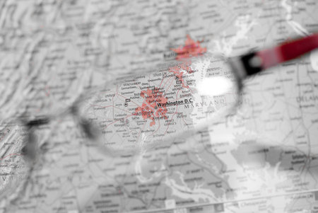 destination searching through eye glass with frameの写真素材