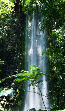 Refreshing waterfall in landscaped park with sunlight