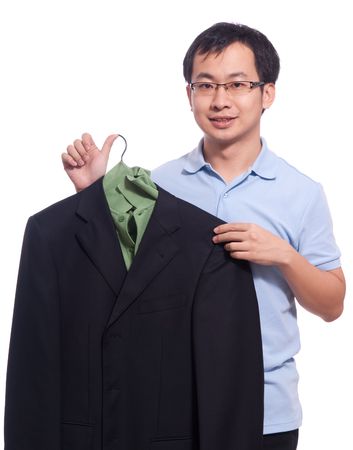 young asian student neaten his black jacketの写真素材