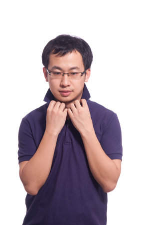 Asian Young Male in purple polo shirt isolatedの写真素材