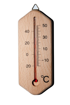 closeup of wooden thermometer with scale isolated on white