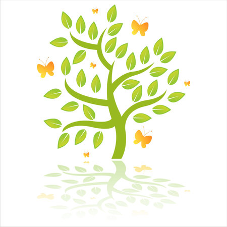  glossy green tree with butterfliesのイラスト素材