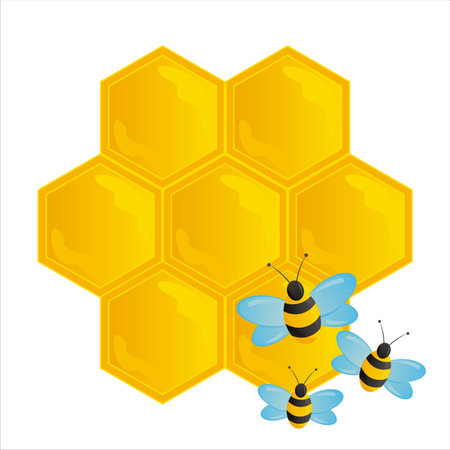 glossy honeycombs with bees isolated on whiteのイラスト素材