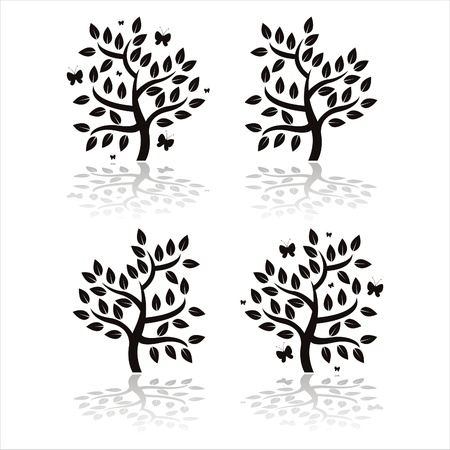 set of 4 black trees with butterfliesのイラスト素材